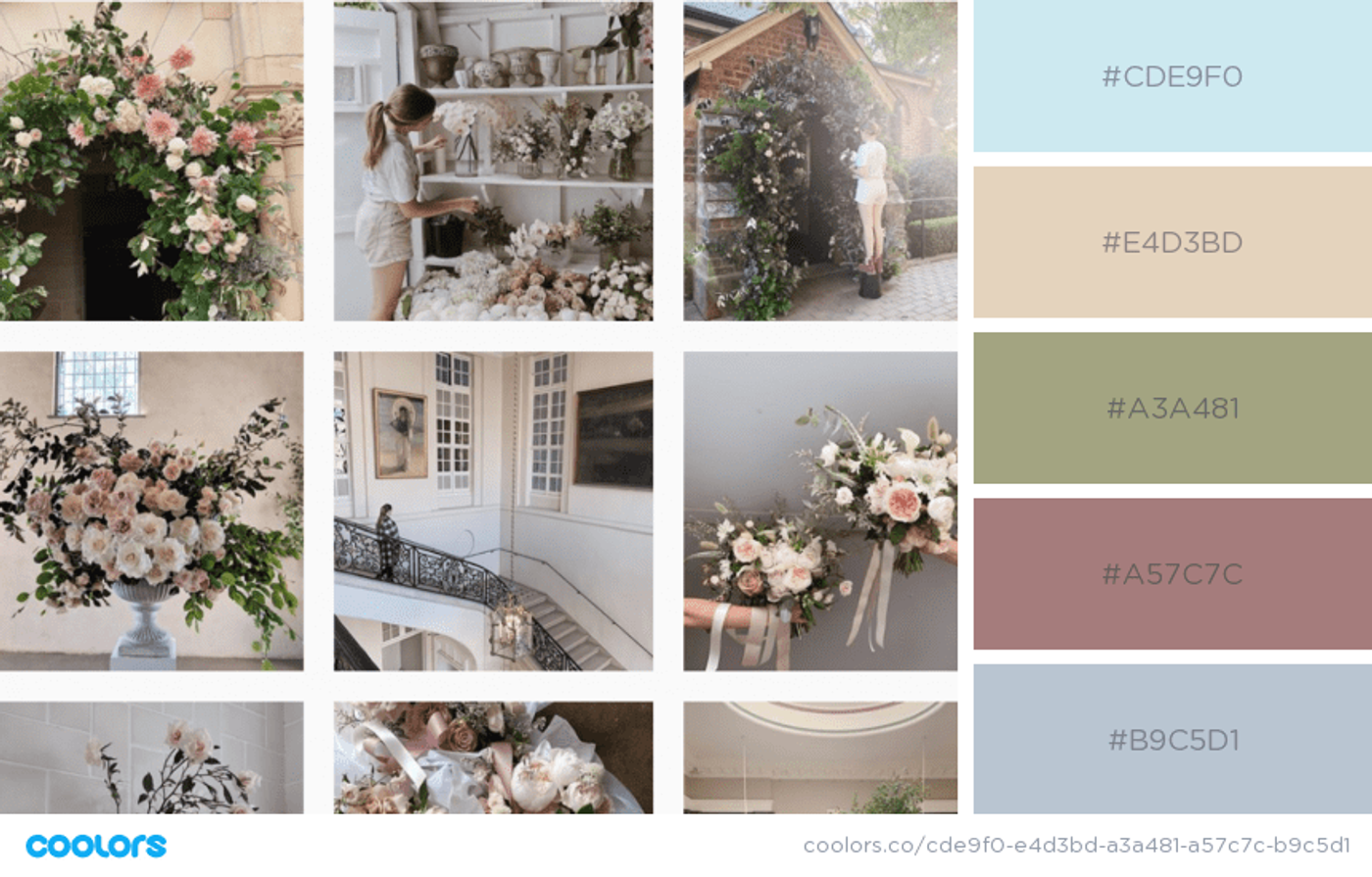 Várias fotos de interiores de um casa com buquês de flores