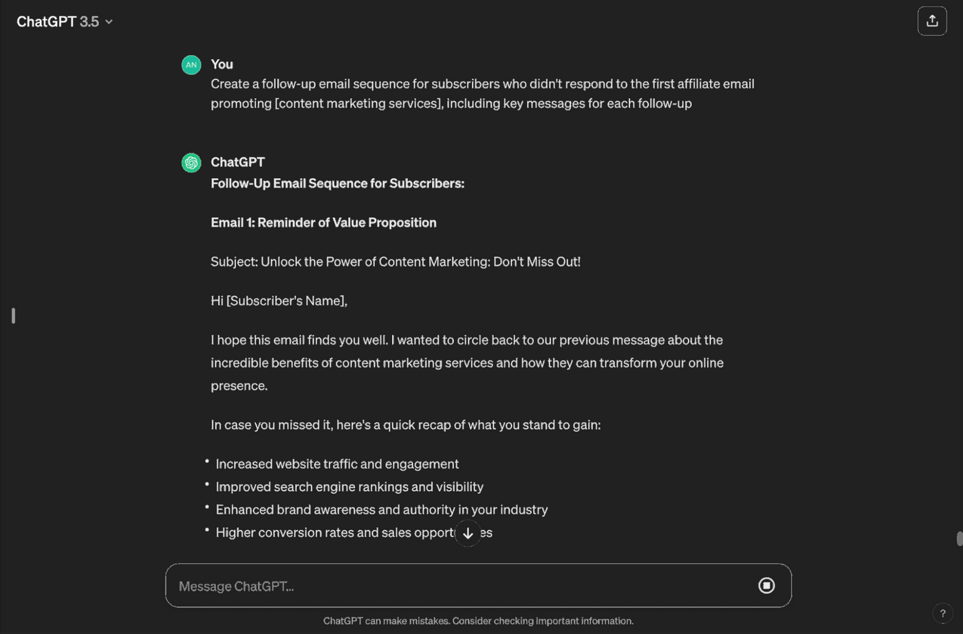 Follow-up email promoting content marketing benefits: traffic, branding, conversions, and improved search rankings.
