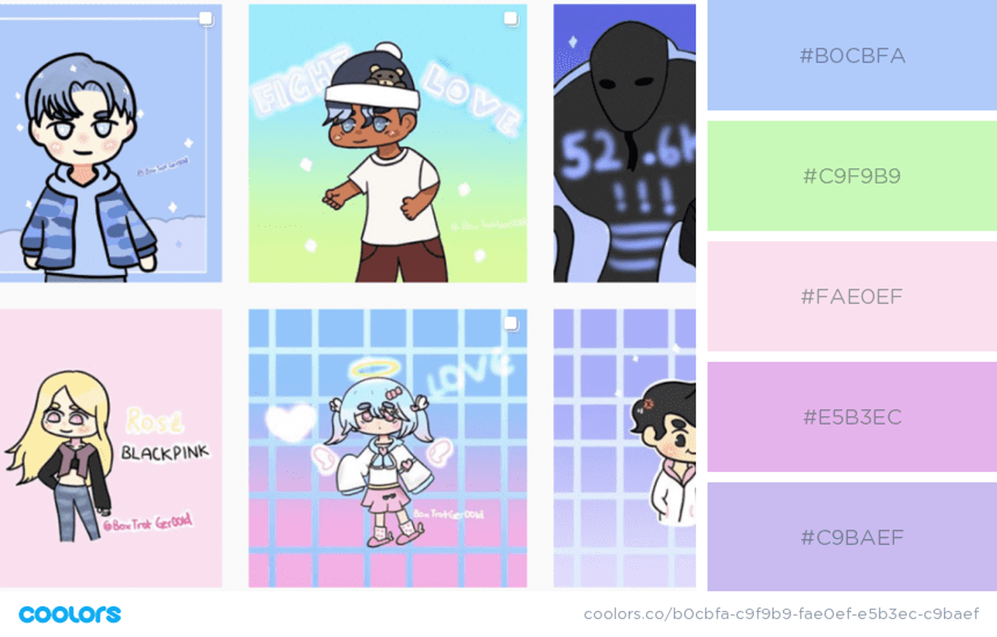 Feed do instagram de um designer virtual com personagens em cores pastéis