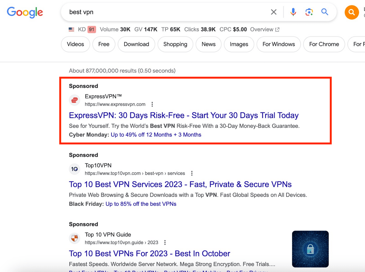 Google search results showing sponsored ads for VPN services, highlighting Search Affiliates opportunities.
