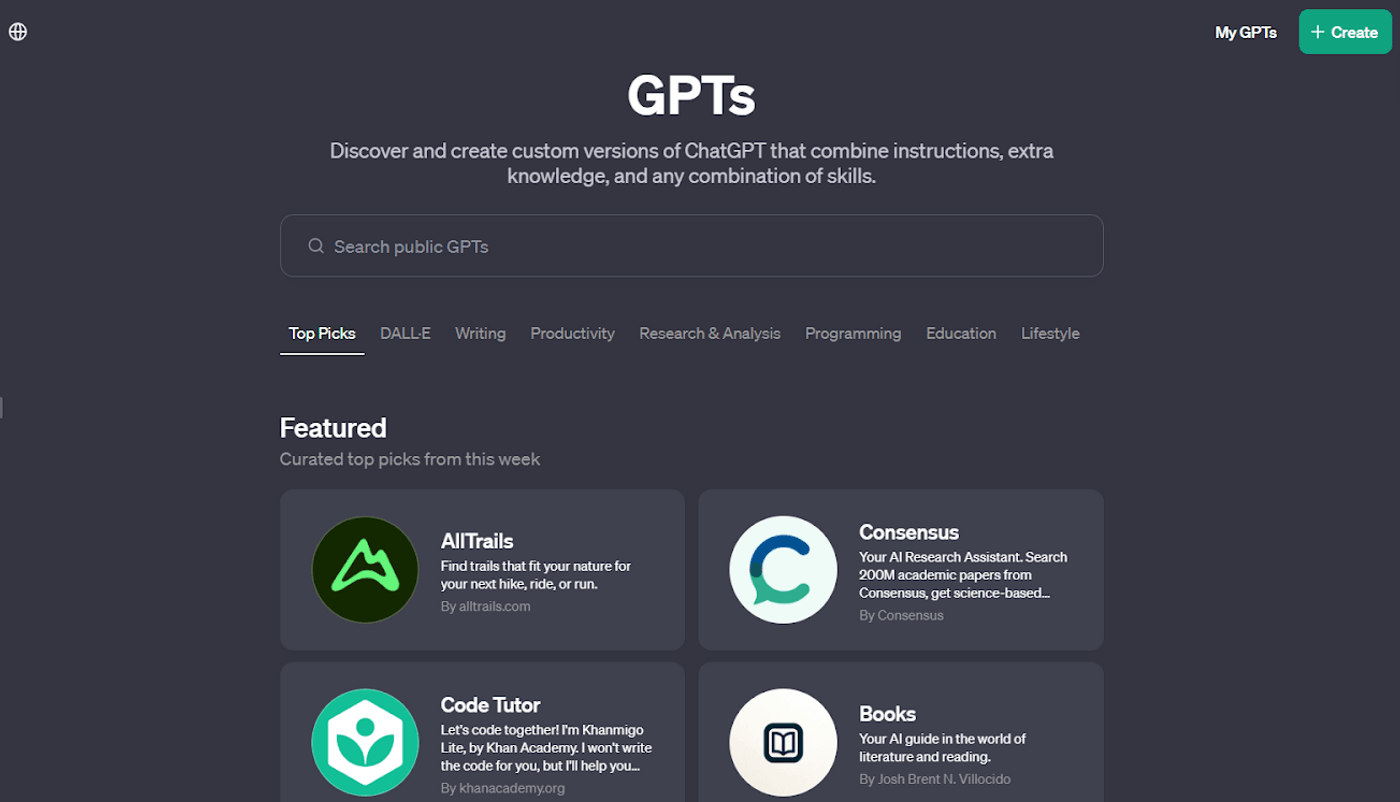 GPTs discovery page showcasing custom ChatGPT versions with featured picks for productivity, programming, and more.