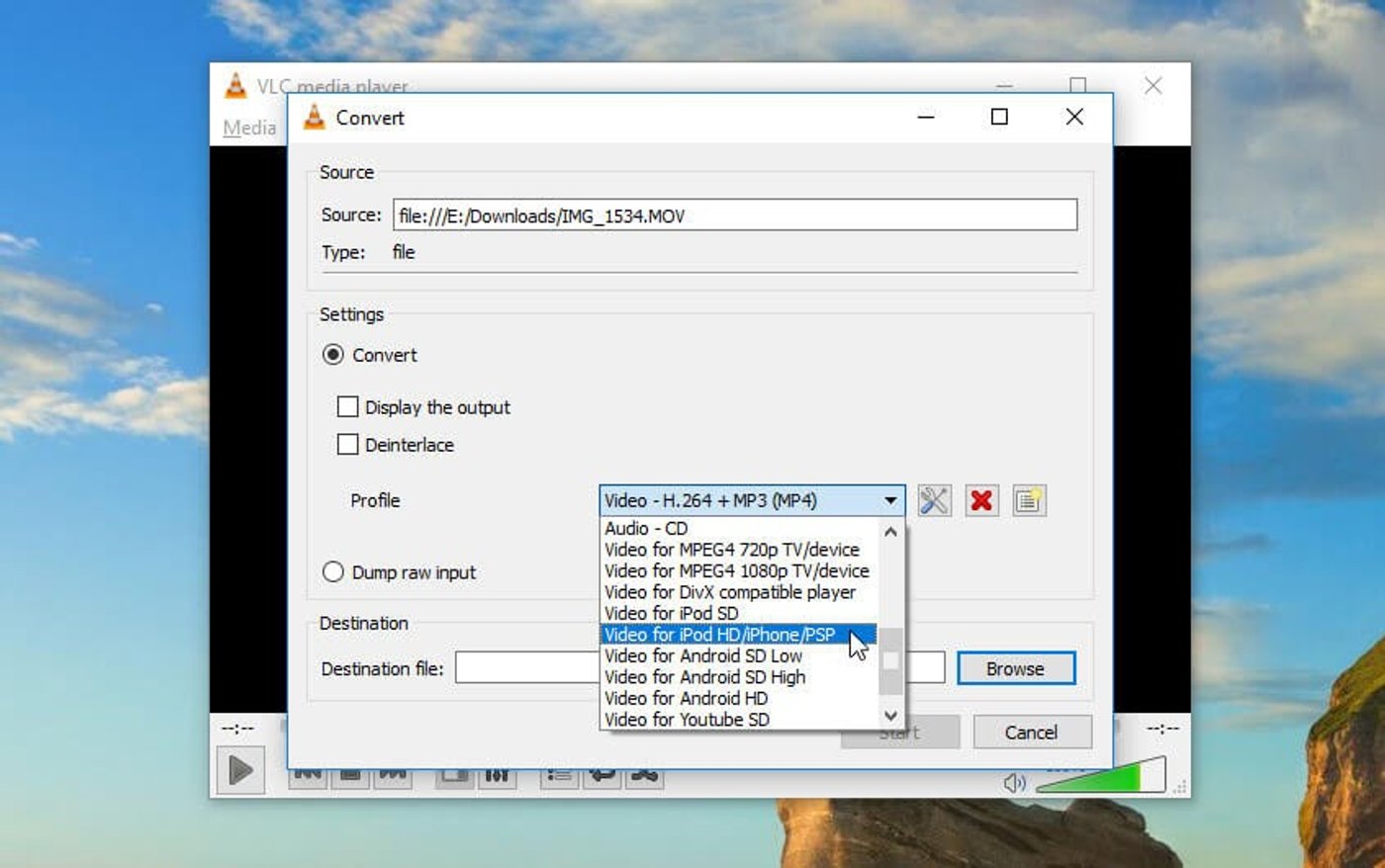 Opción de conversión de VLC Media Player