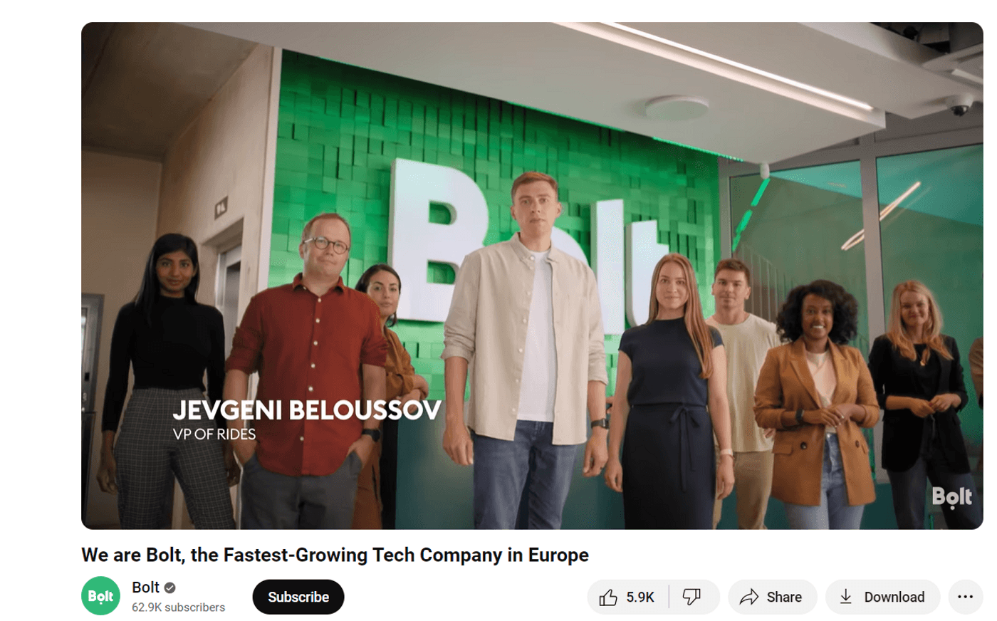 YouTube thumbnail featuring a man, likely Jevgeni Belousov, promoting Bolt, a European tech company.