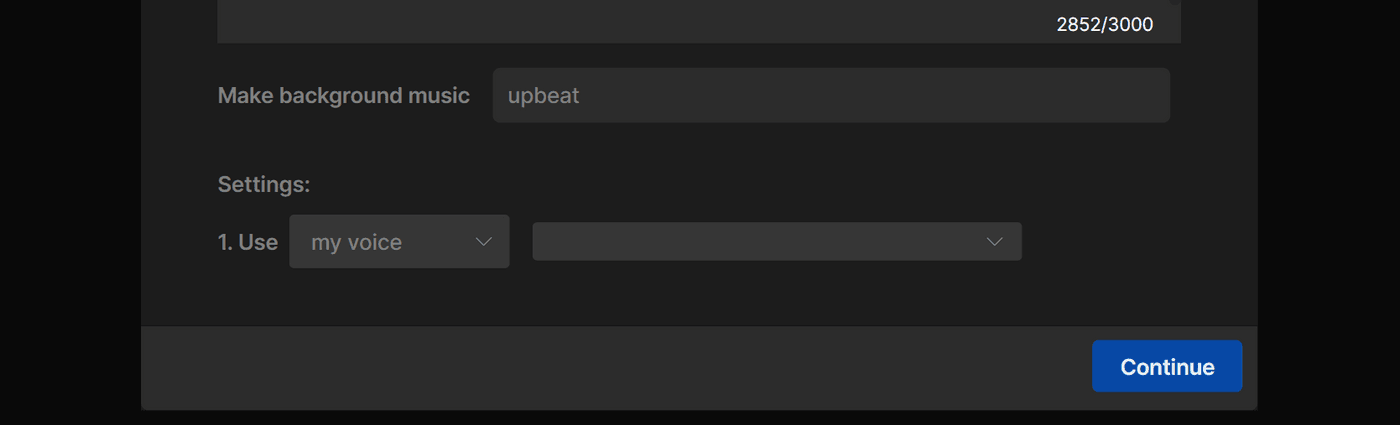 Invideo AI script editor showing options for background music, voice settings, and a 'Continue' button.