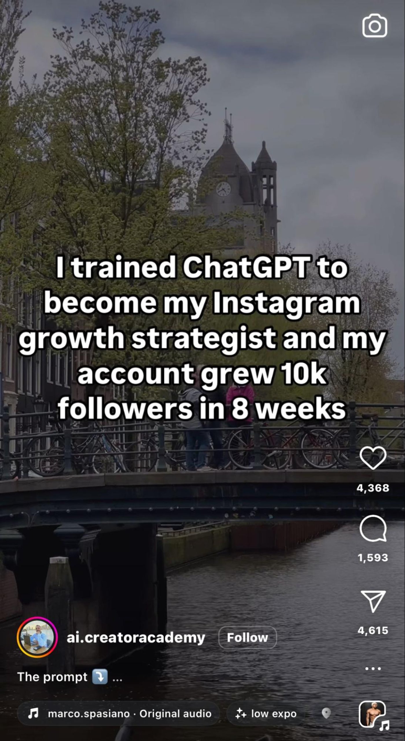 Scenic bridge with text overlay: I trained ChatGPT to grow Instagram by 10k followers.