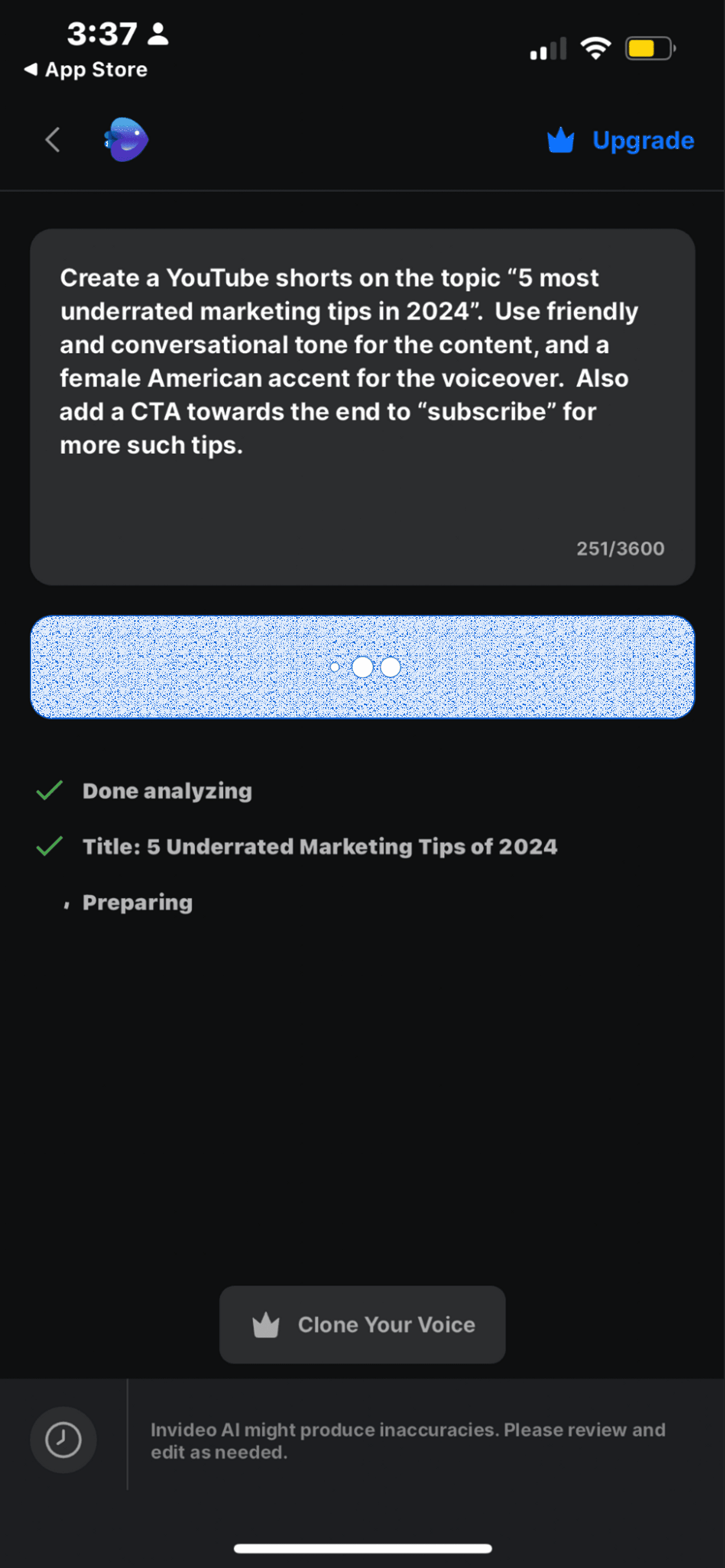 Invideo AI App screen showing a YouTube shorts creation prompt with marketing tips for 2024 and progress indicators.