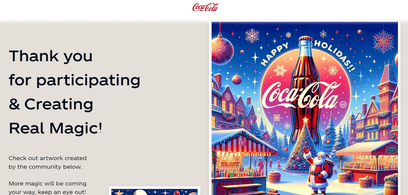 Coca-Cola thank-you message with holiday-themed artwork featuring Santa, a festive village, and Coca-Cola branding