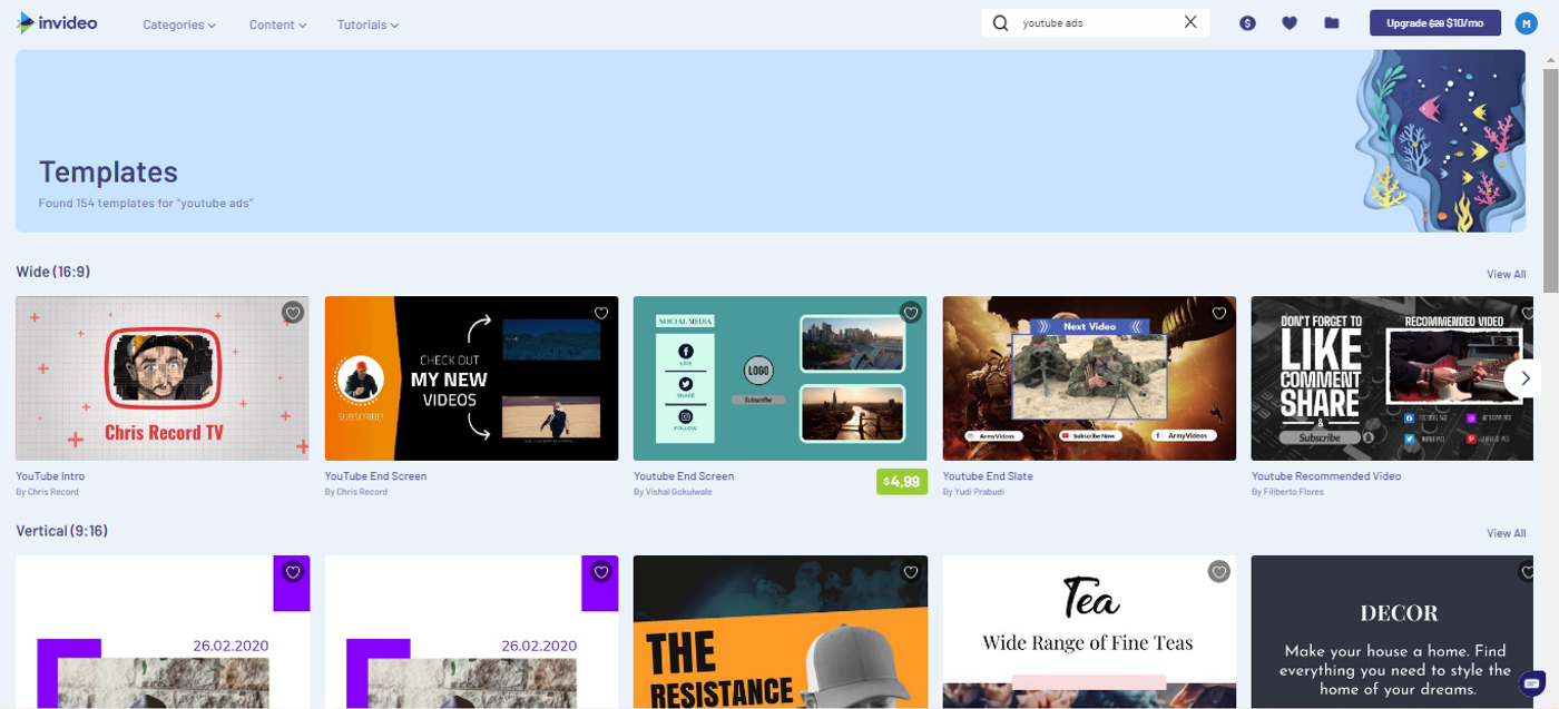 Biblioteca de plantillas gratuitas de InVideo para anuncios en video de YouTube