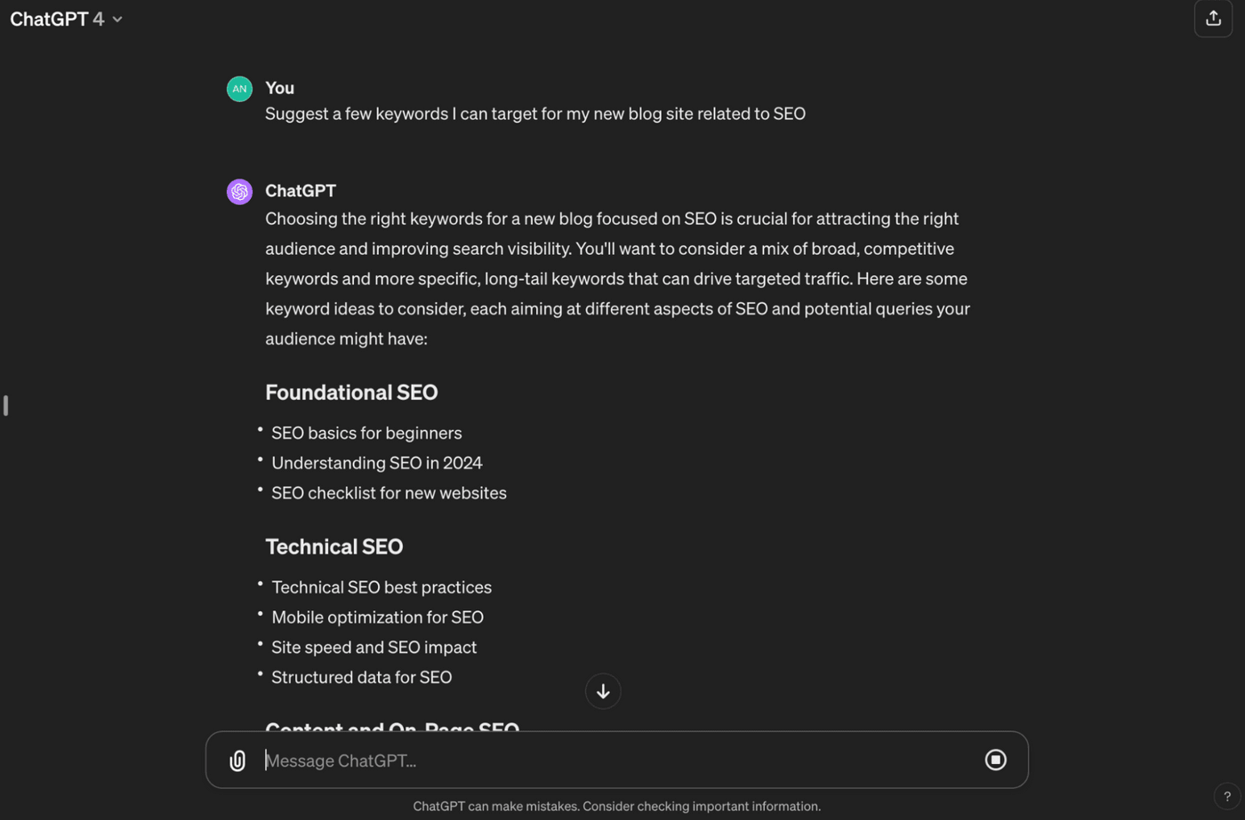 ChatGPT suggests SEO keywords for blogs, including foundational, technical, and on-page SEO strategies.