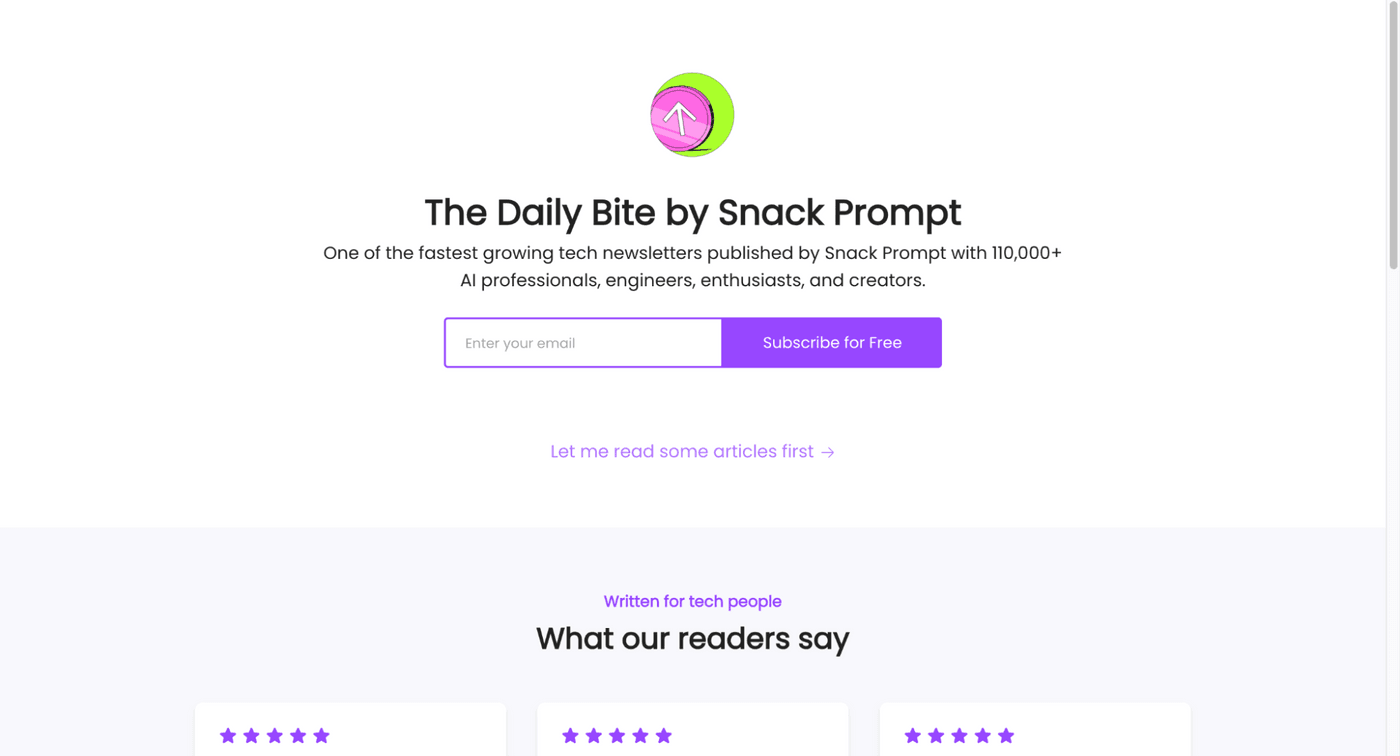 The Daily Bite by Snack Prompt newsletter for tech enthusiasts, featuring AI professionals, engineers, and creators.