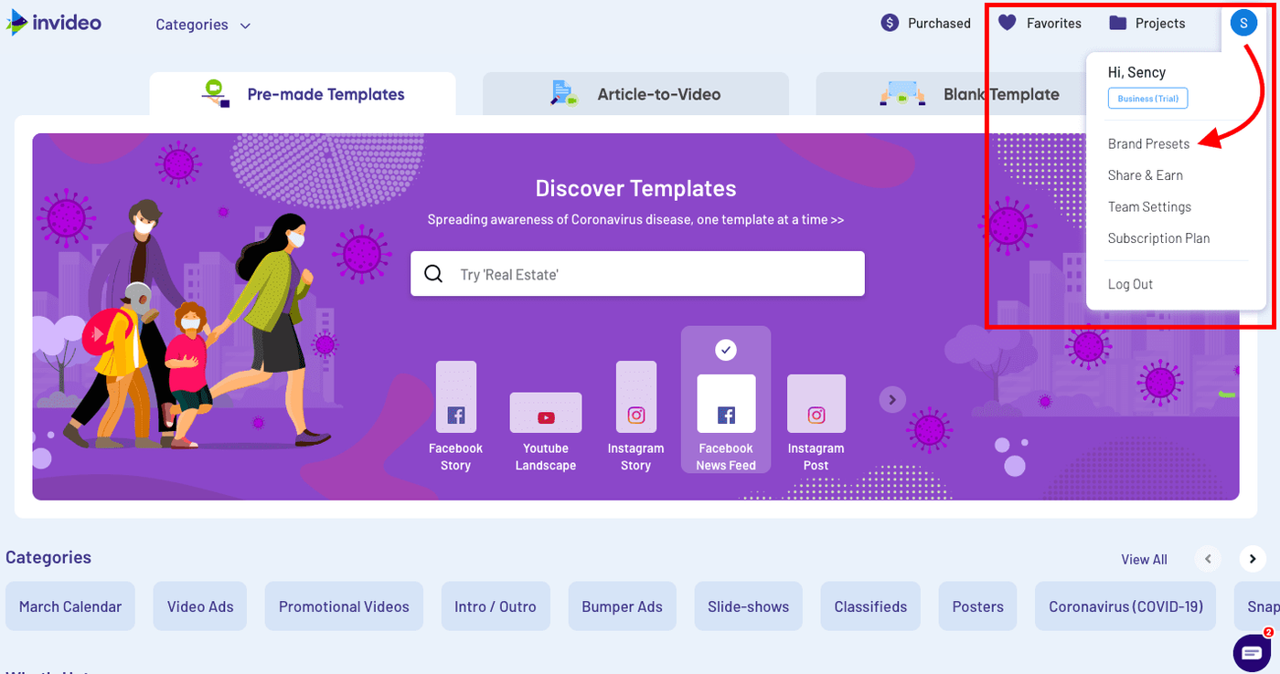 Menu de brand presets da plataforma InVideo