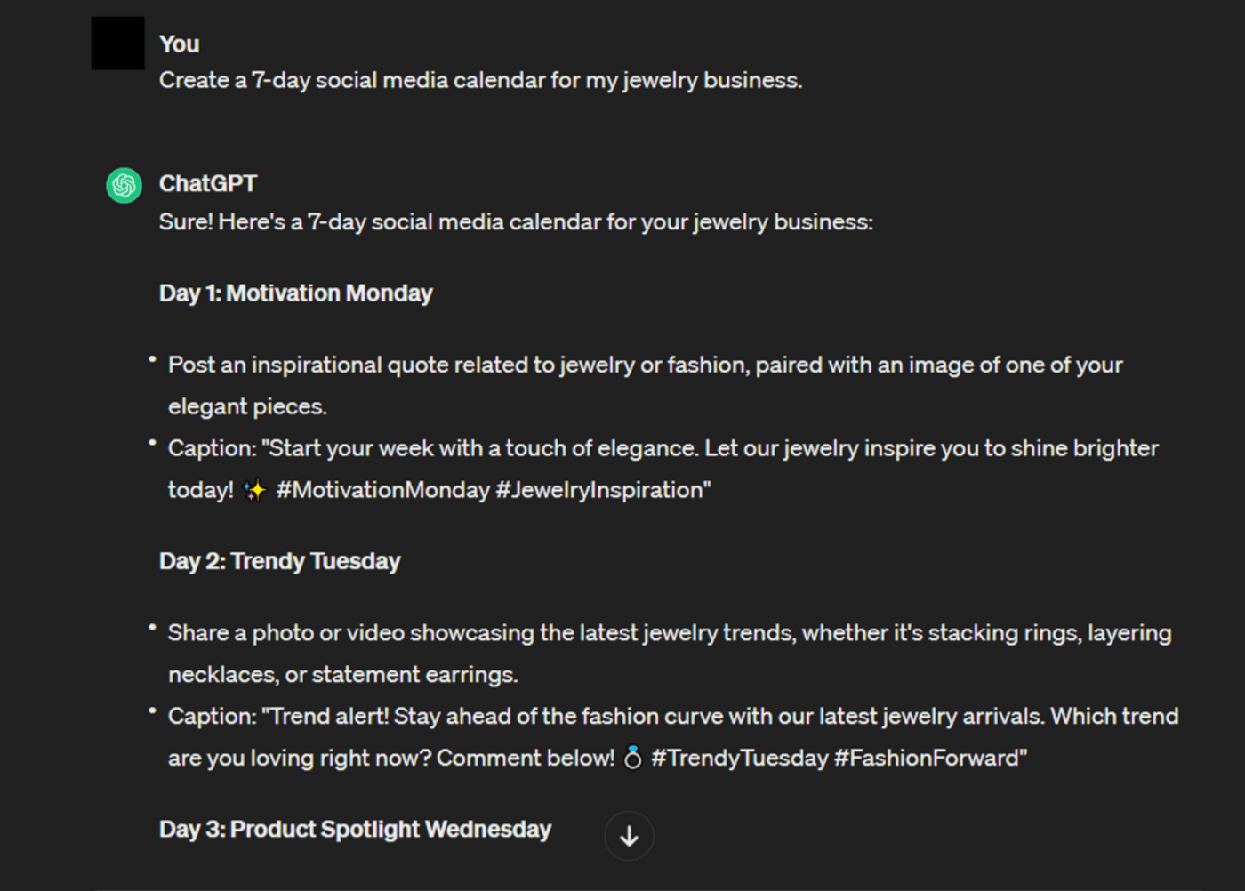 7-day social media calendar for jewelry businesses, featuring themes like Motivation Monday and Trendy Tuesday.
