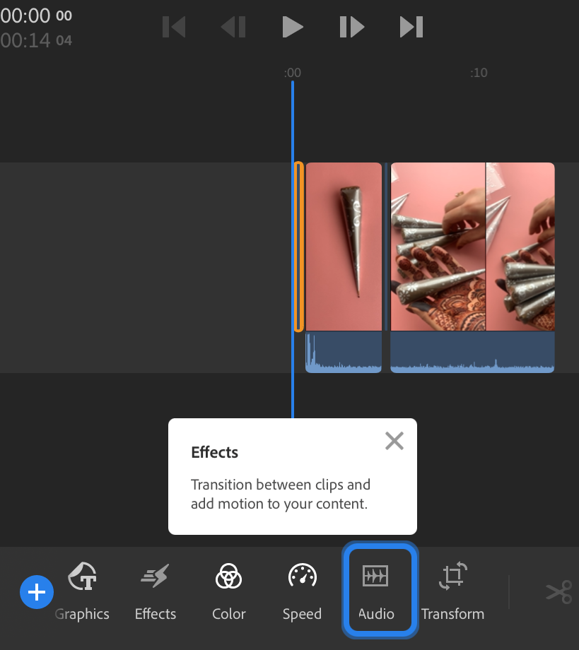 how to add video with background music in the Adobe Premiere Rush: step 4