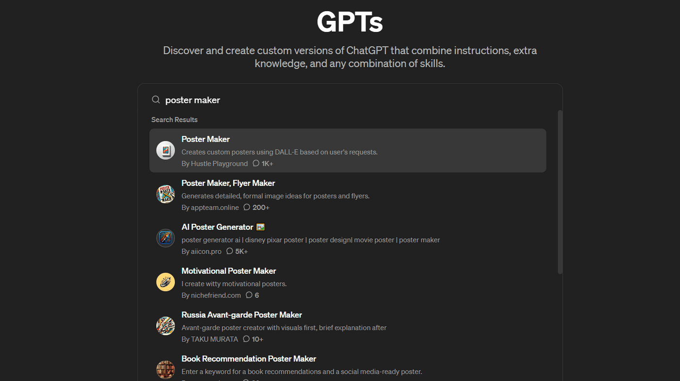 Search results for poster maker GPTs, including AI tools for custom, motivational, and avant-garde posters.