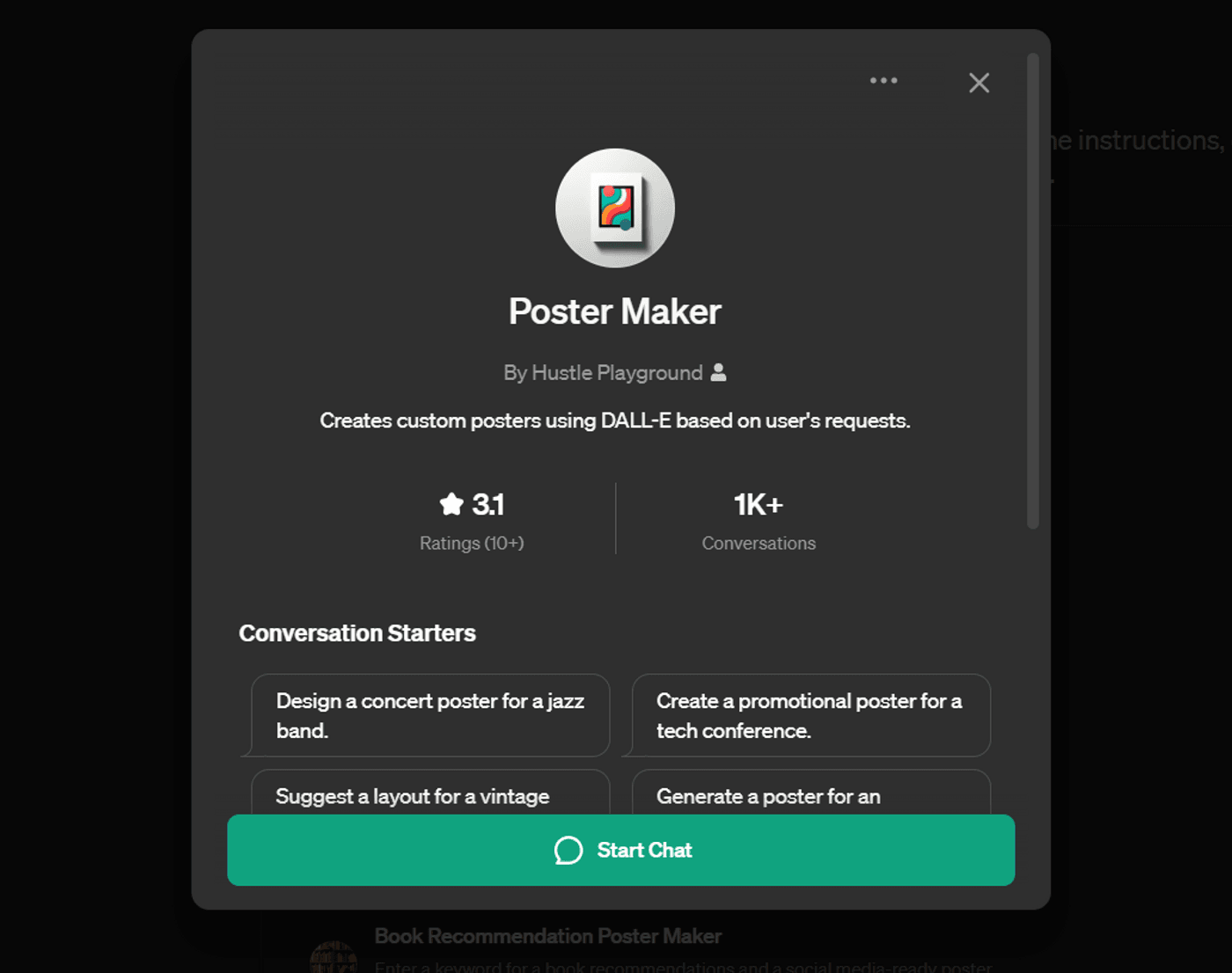 Poster Maker tool details featuring custom poster creation, ratings, usage stats, and conversation starter suggestions.