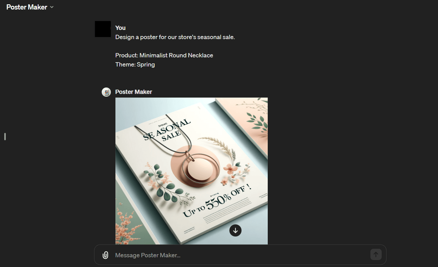 Spring-themed poster promoting seasonal sale with minimalist round necklace, floral elements, and discount details.