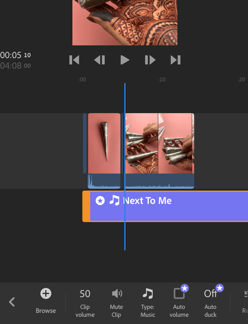 how to add video with background music in the Adobe Premiere Rush: step 6