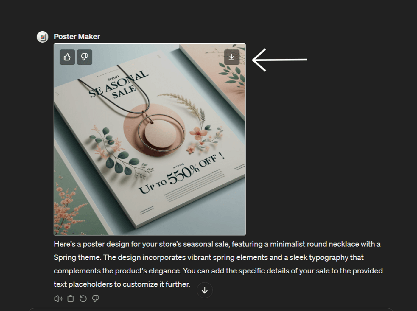 Spring sale poster with minimalist round necklace, floral accents, elegant typography, and discount offer details.