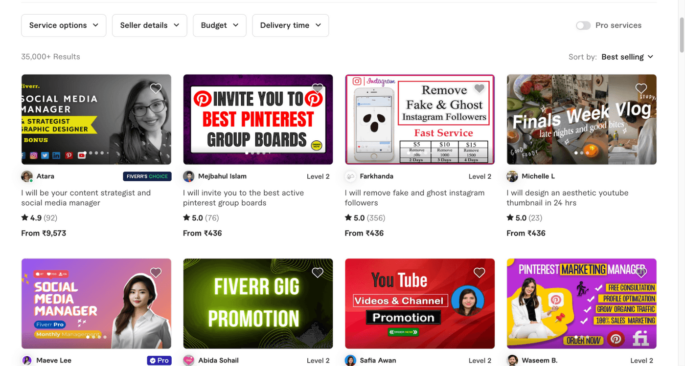 Fiverr listings for social media management, Pinterest boards, Instagram cleanup, and YouTube promotion services.