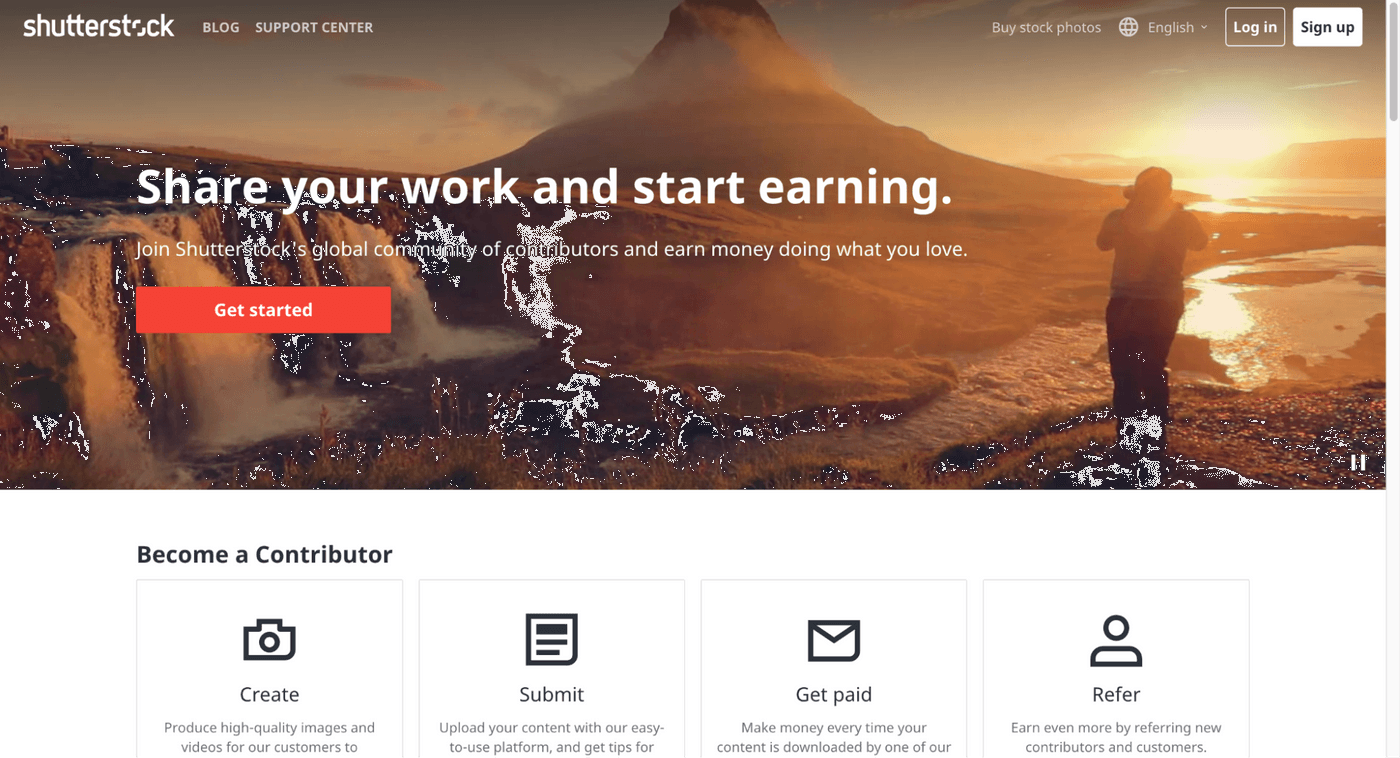 Shutterstock webpage inviting contributors to earn by sharing work, with scenic background and 'Get Started' button.