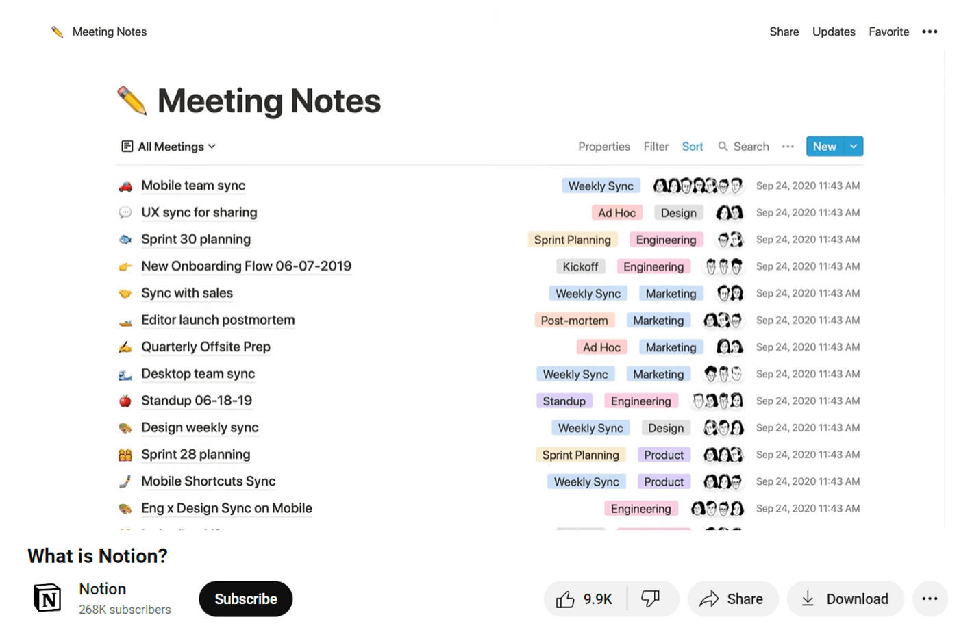 Screenshot of Notion's meeting notes interface, highlighting various meeting types and categories.