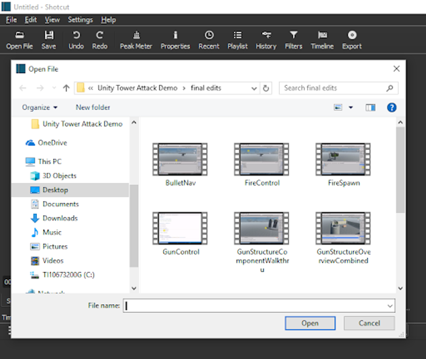Pantalla del Shotcut para abrir un video
