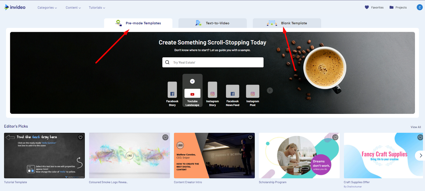 pantalla de creación de InVideo con flechas para blank template y pre moldes templates 
