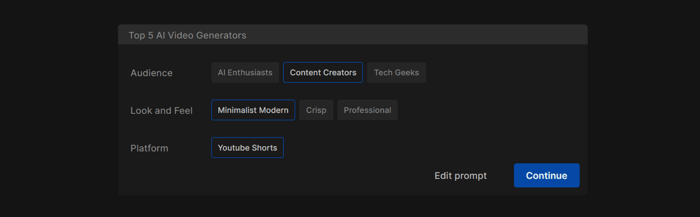 Settings for generating a video about AI tools for content creators on YouTube Shorts.