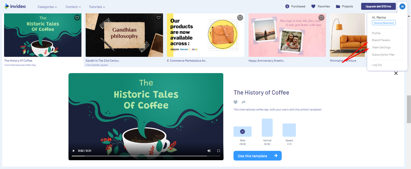 Pantalla de recursos de predefinición de videos de la plataforma InVideo