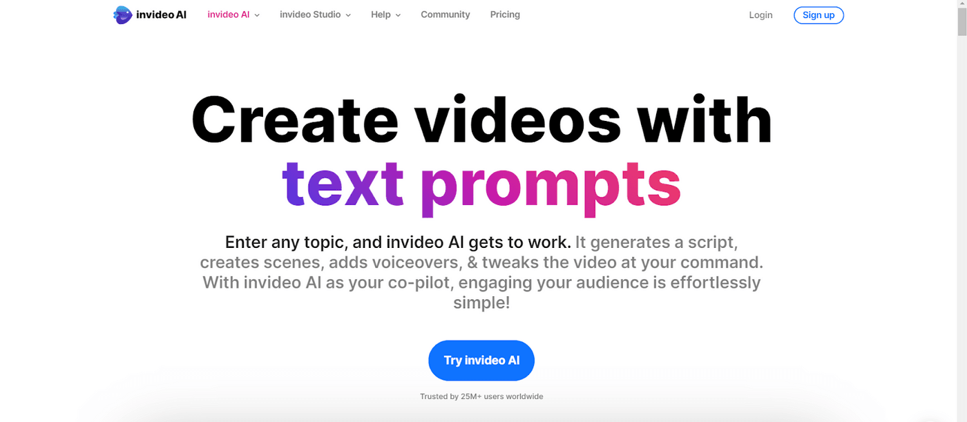 Invideo AI homepage showcasing the ability to create videos with text prompts effortlessly.