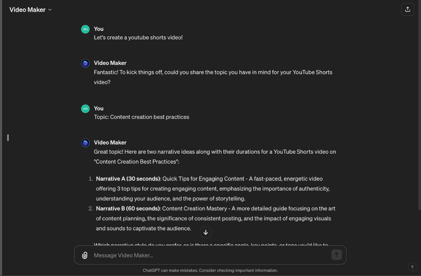 Conversation with AI video maker generating YouTube Shorts video ideas on content creation best practices.
