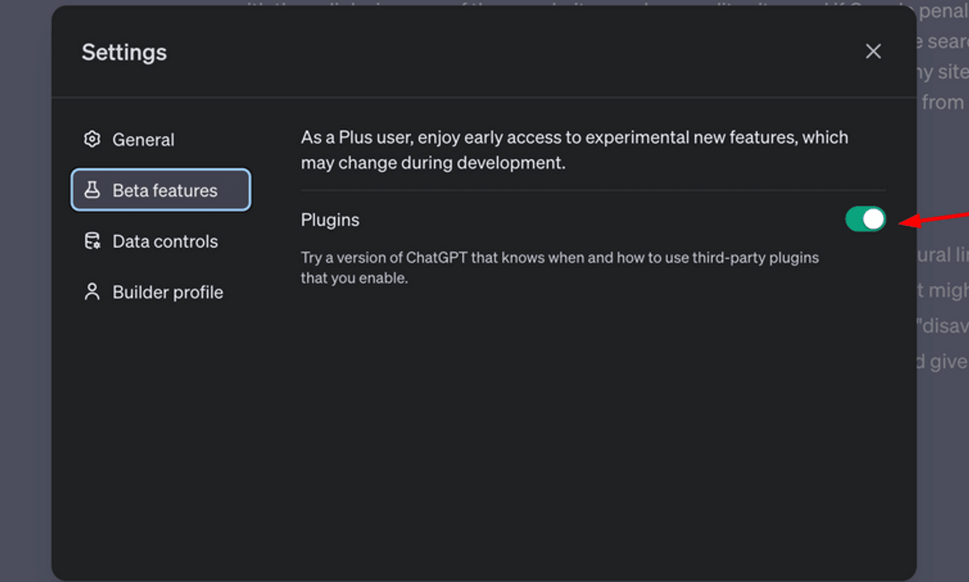ChatGPT settings screen showing Beta features tab, Plugins toggle, and options for Data controls.