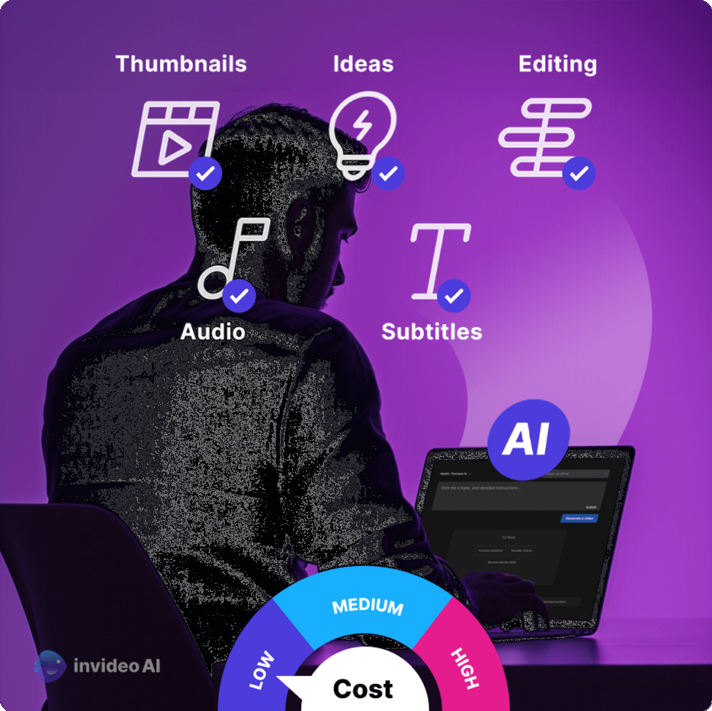Person using Invideo AI on a laptop to create thumbnails, ideas, editing, audio, and subtitles efficiently.