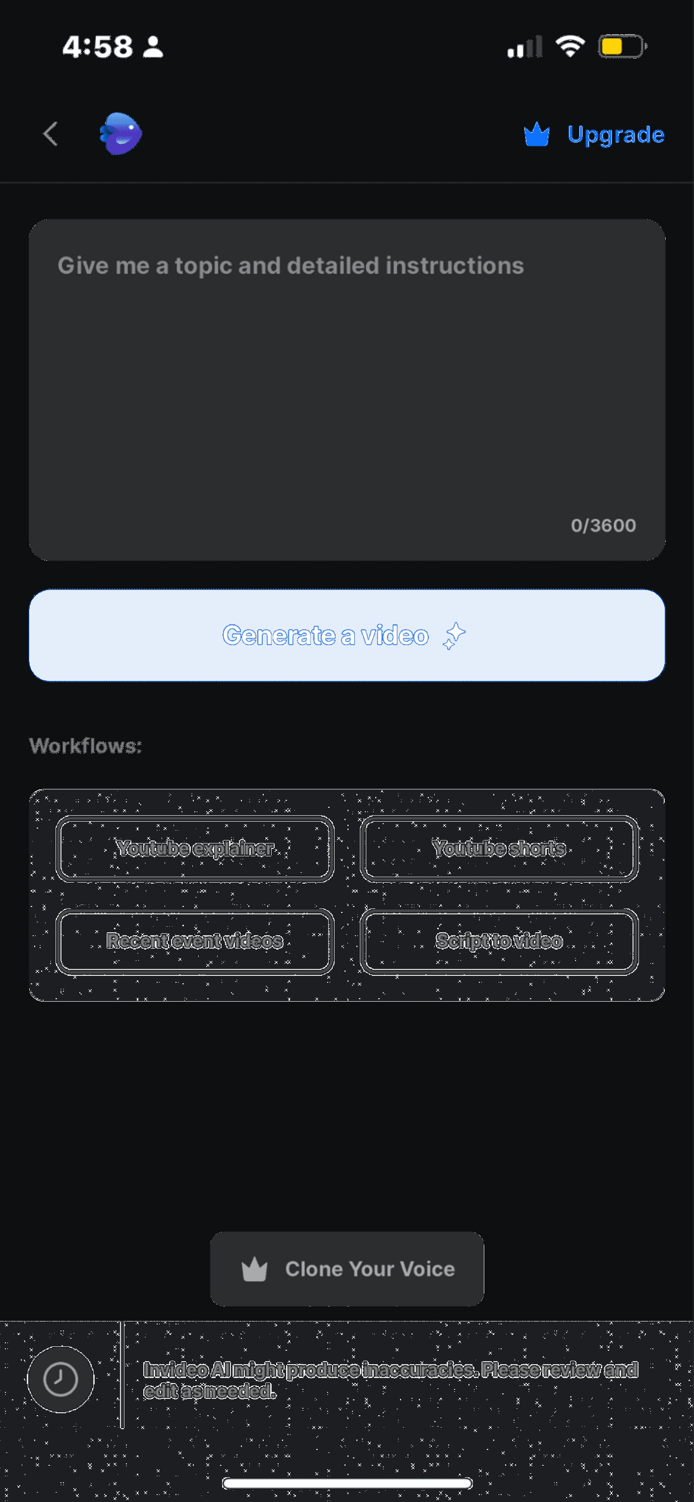 Invideo AI app screen with text prompt box, workflows like YouTube explainer, and a generate button.