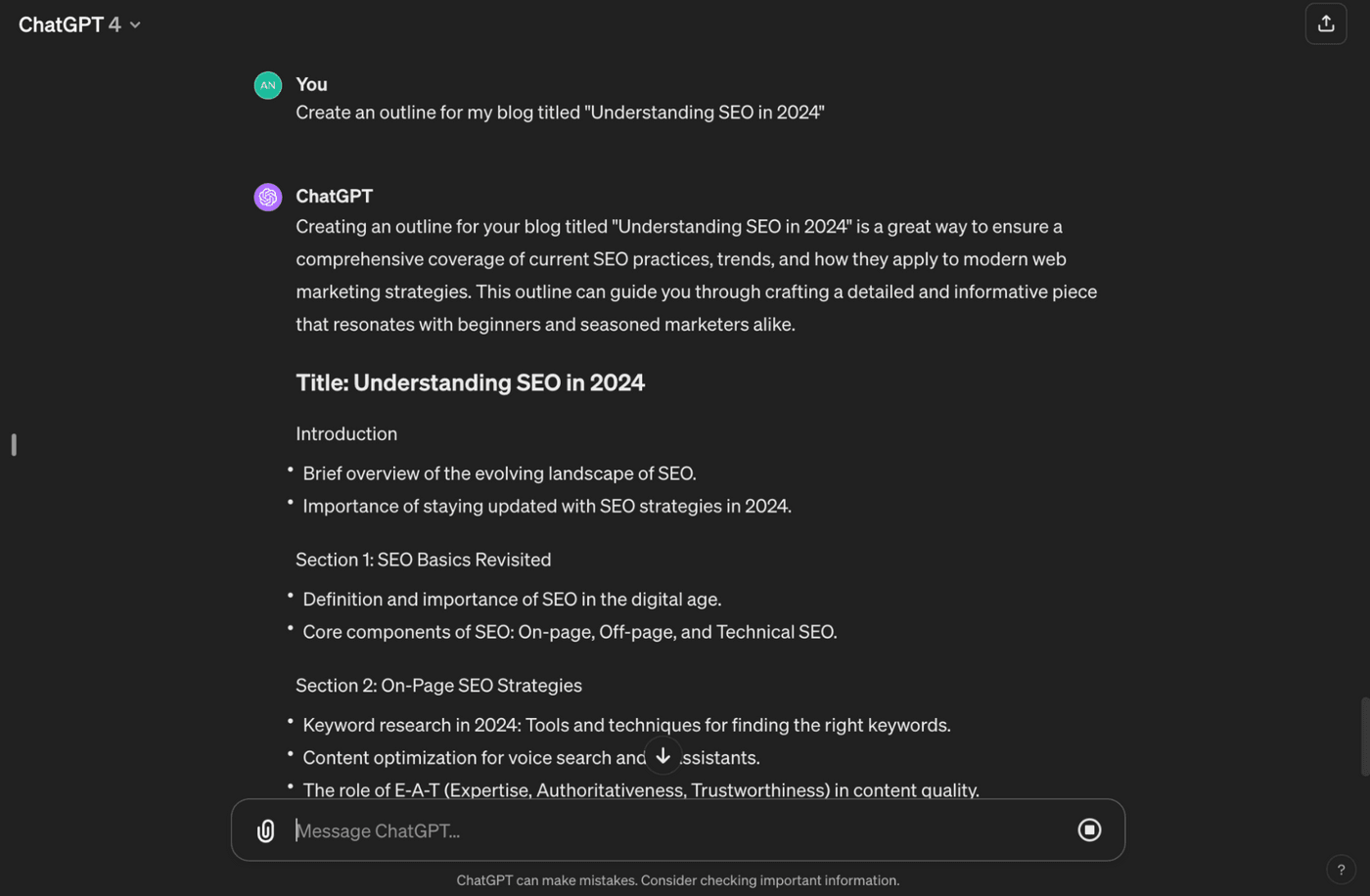 ChatGPT outlines a blog on Understanding SEO in 2024, covering basics, on-page strategies, and trends.