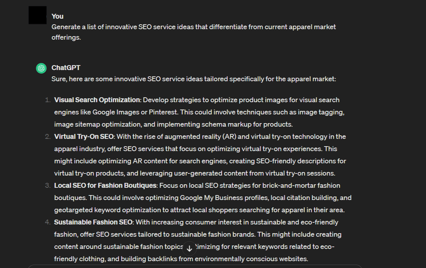 Innovative SEO service ideas for the apparel market including visual search, virtual try-ons, and sustainability.