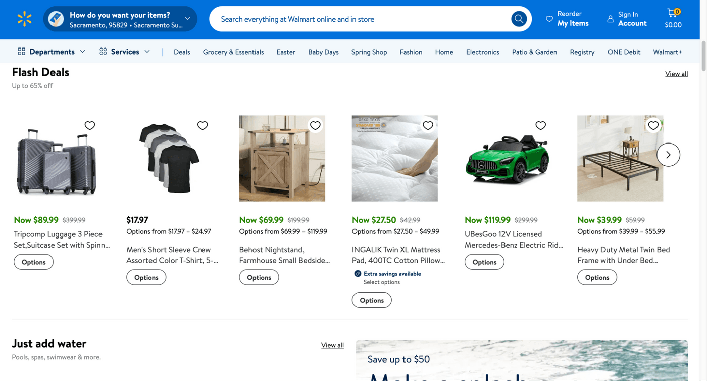 Walmart flash deals page showcasing discounted products: luggage sets, shirts, nightstands, mattresses, ride-ons, bed frames.