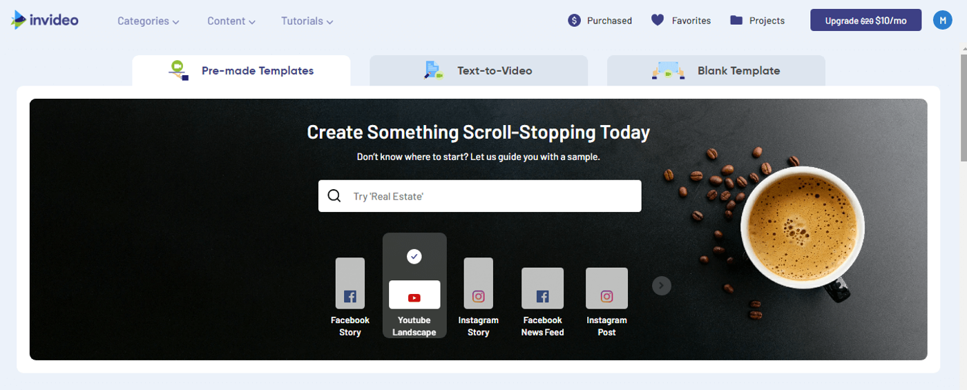 Homepage da plataforma gratuita de edição de vídeo Invideo