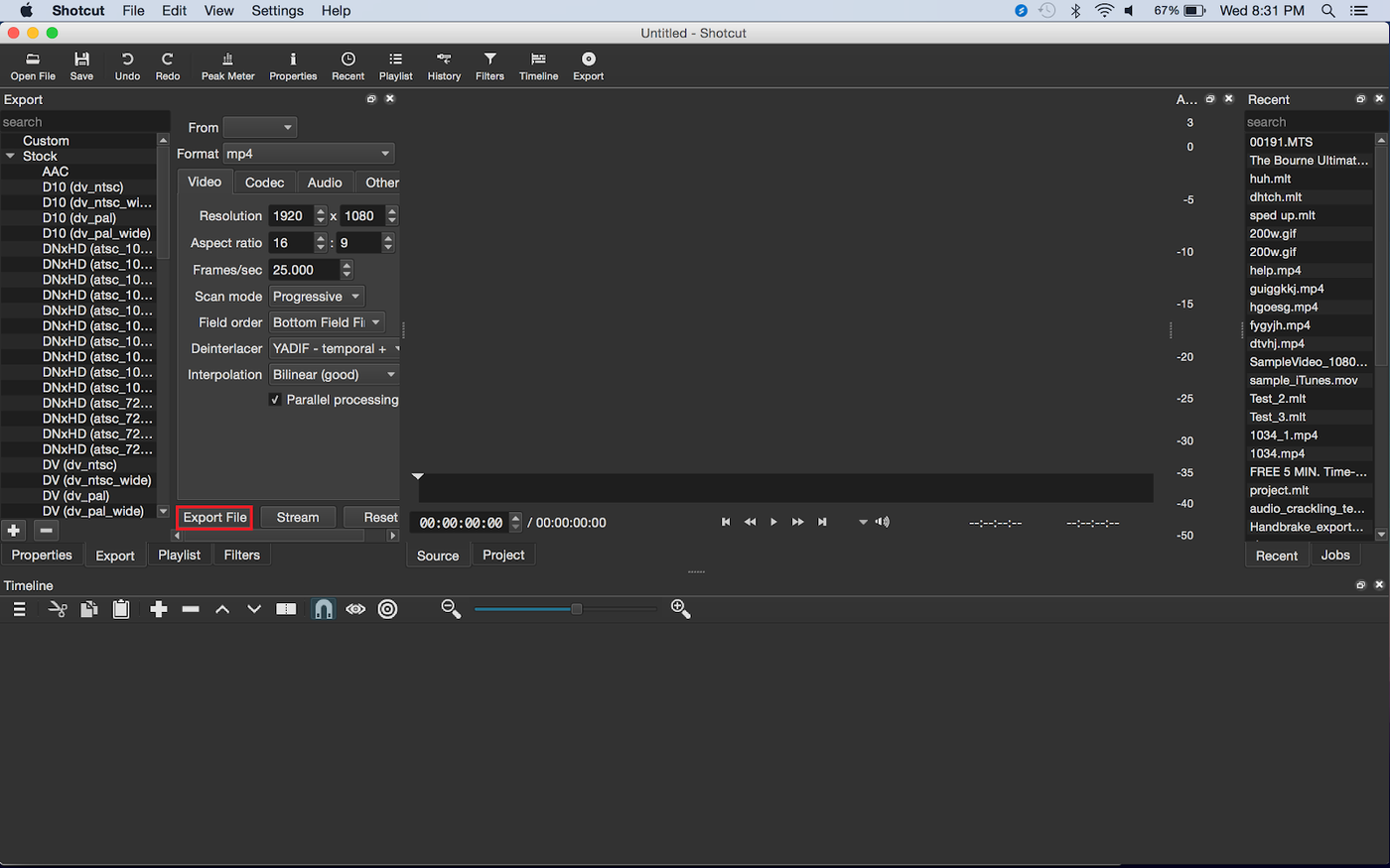Tela do Shotcut para exportar um vídeo