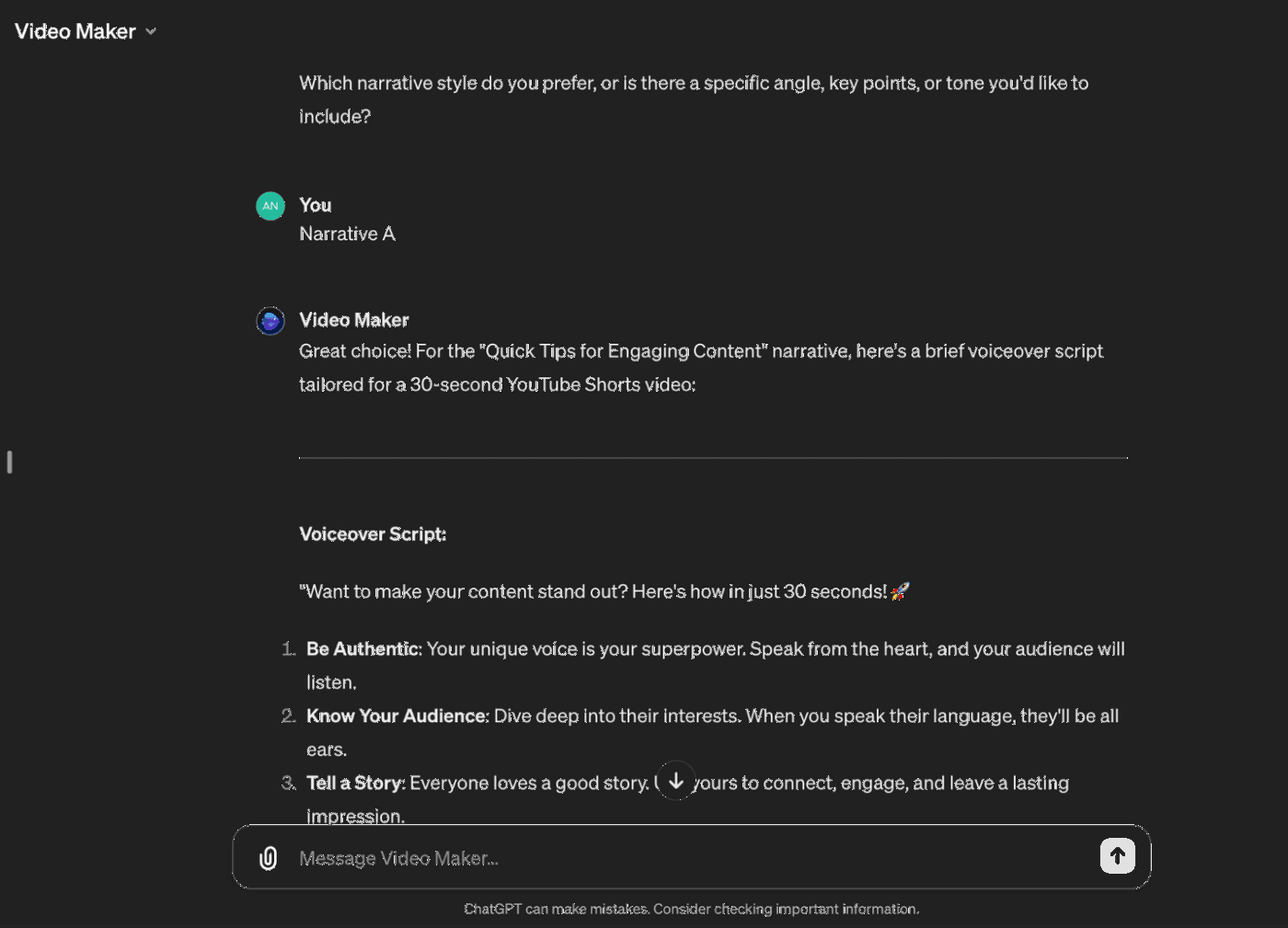 AI video maker providing a voiceover script for a 30-second YouTube Shorts video on engagement tips.