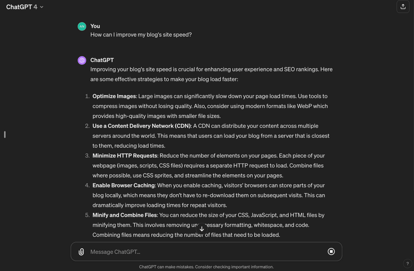 ChatGPT shares blog speed improvement tips: optimize images, use CDN, minimize requests, cache, and minify files.