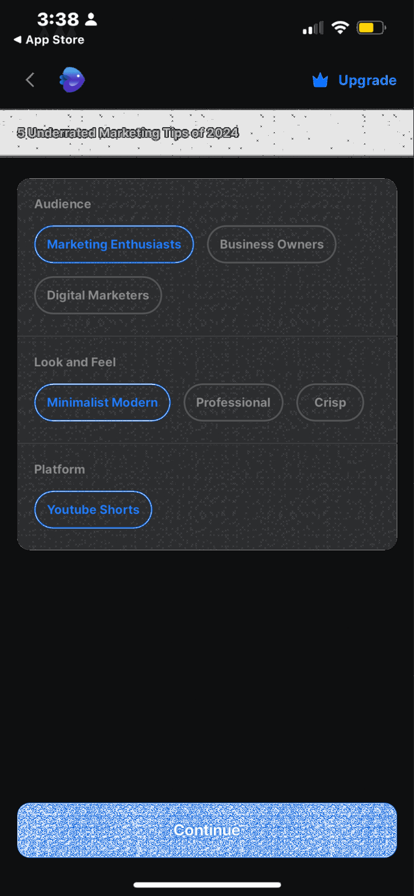Invideo AI App screen showing audience, style, and platform options for creating a video on marketing tips.