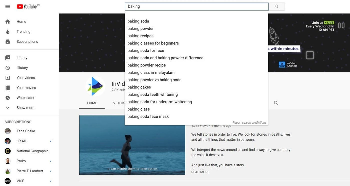 Print da página do Youtube da InVideo