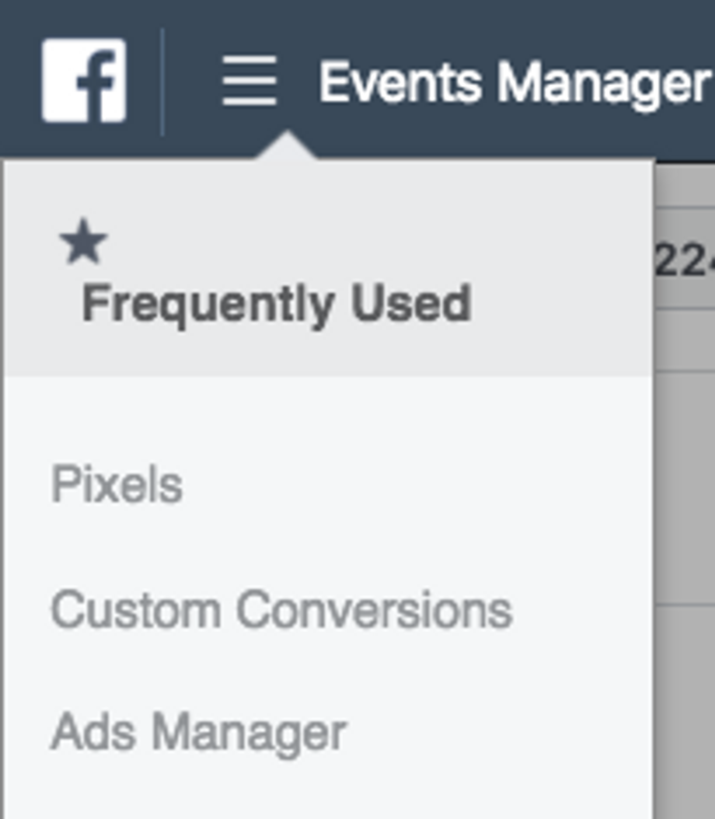 Tela do Gerenciador de eventos do Facebook, clicando no ícone de hambúrguer no canto superior esquerdo da tela
