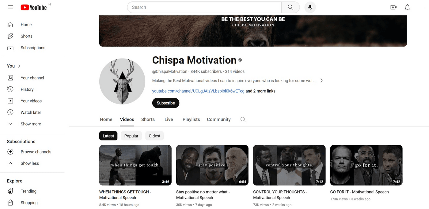 YouTube channel page of Chispa Motivation, featuring motivational videos, subscriber count, and recent uploads.