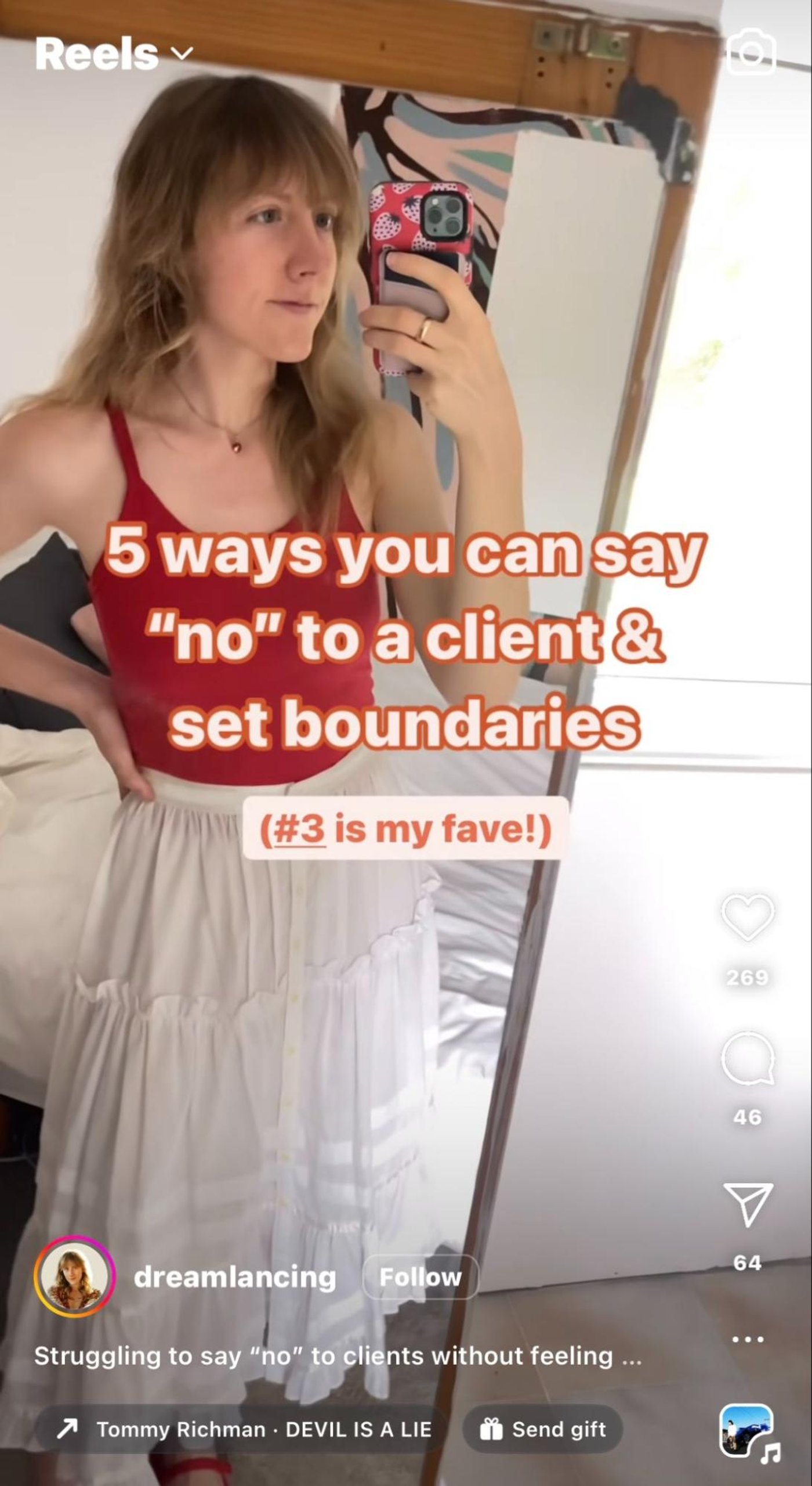 Woman taking a mirror selfie, sharing tips to say 'no' and set boundaries.
