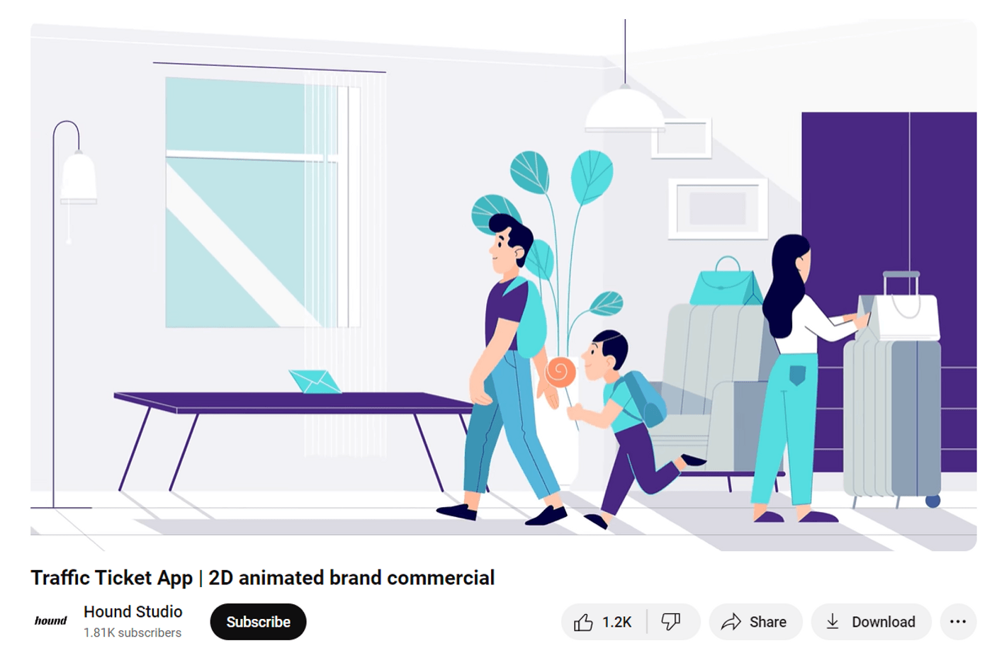 2D animated video depicting a family preparing for a trip, promoting a traffic ticket app.