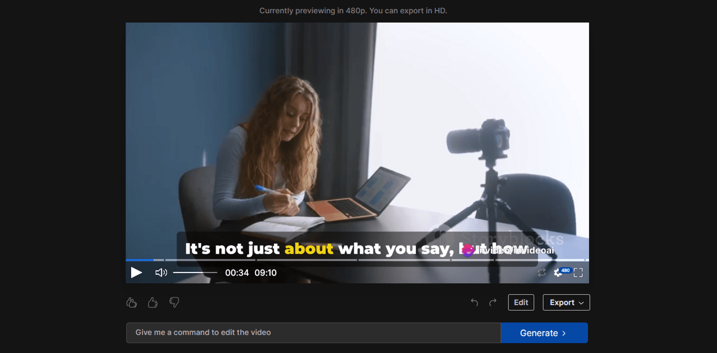 Female content creator writing notes with laptop, camera setup, and subtitles reading.