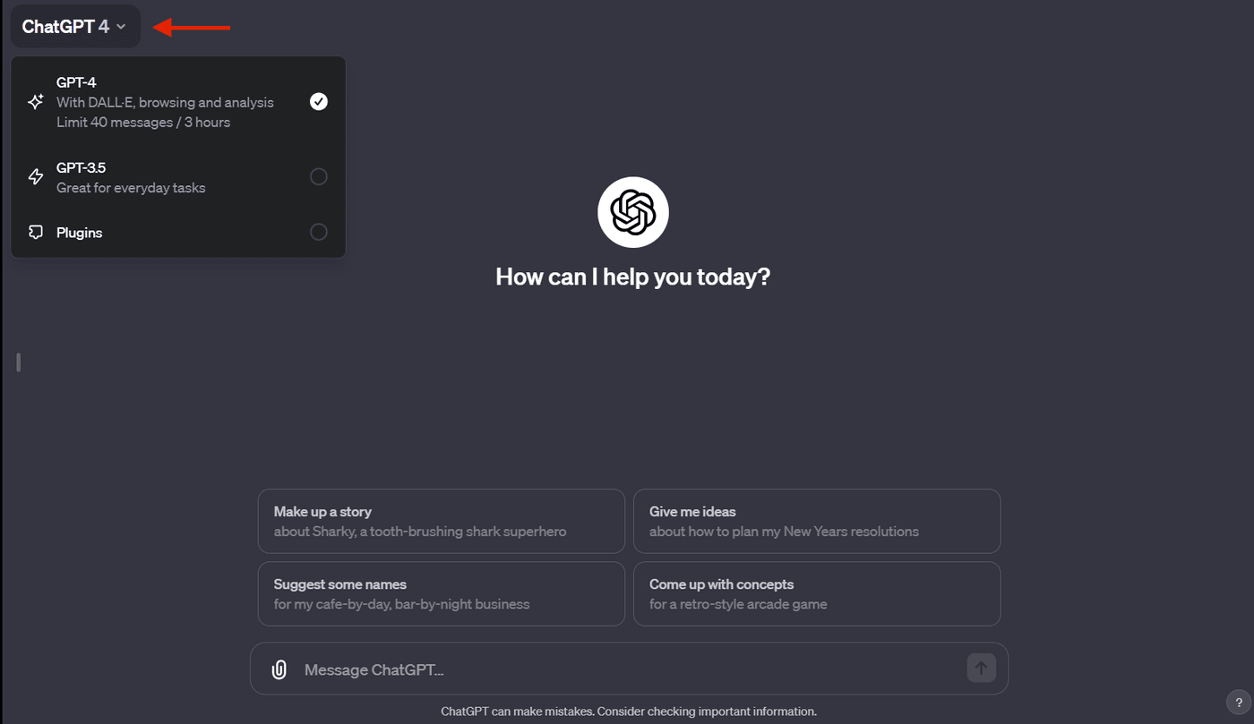 ChatGPT interface showing GPT-4 selection menu, options for plugins, and message prompt field.