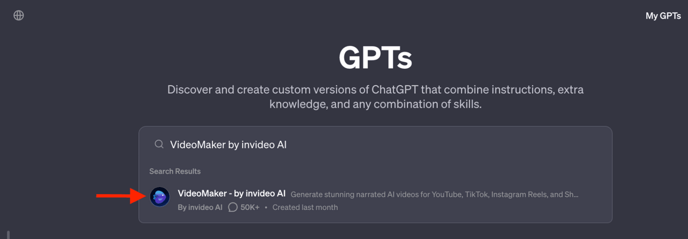 GPTs interface showing VideoMaker by Invideo AI for creating narrated AI videos for social media platforms.